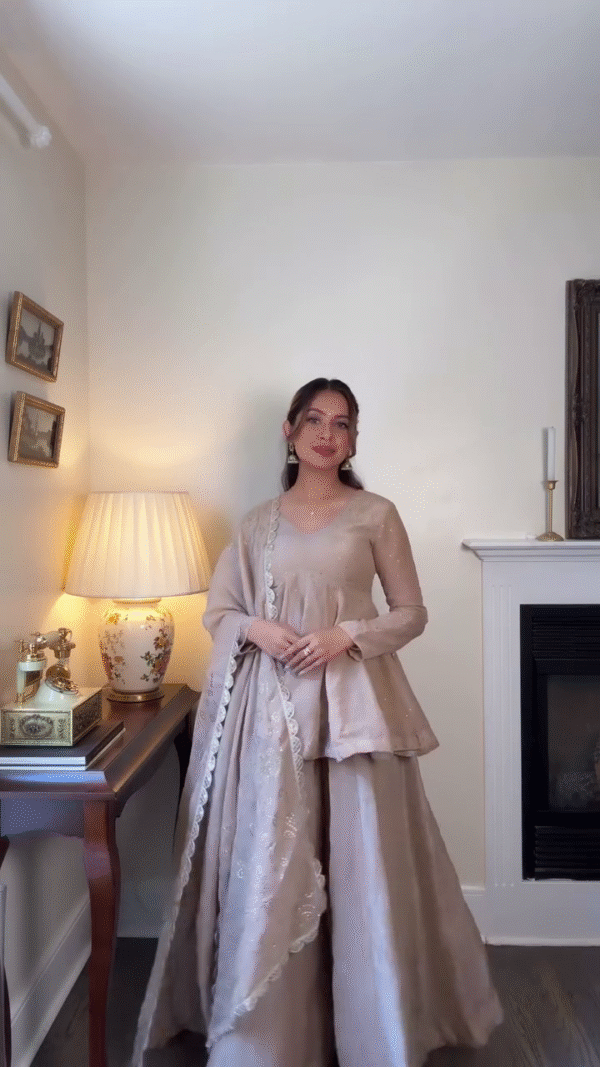 🤍 Champagne Beige Luxury Silk Ensemble with Wide Pants & Heavy Dupatta - Image 3
