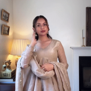 🤍 Champagne Beige Luxury Silk Ensemble with Wide Pants & Heavy Dupatta
