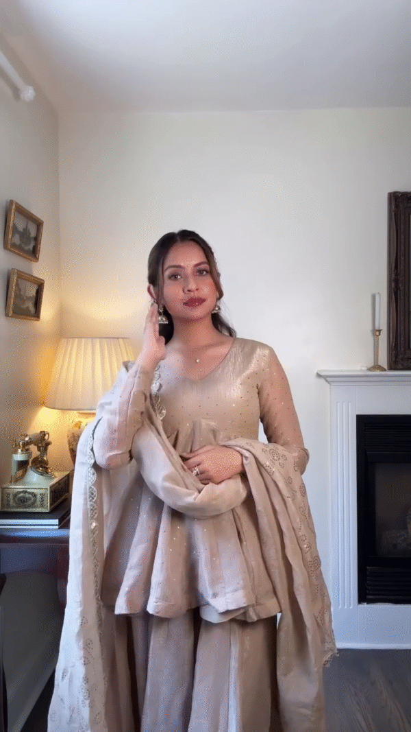 🤍 Champagne Beige Luxury Silk Ensemble with Wide Pants & Heavy Dupatta