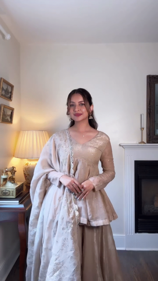 🤍 Champagne Beige Luxury Silk Ensemble with Wide Pants & Heavy Dupatta - Image 2