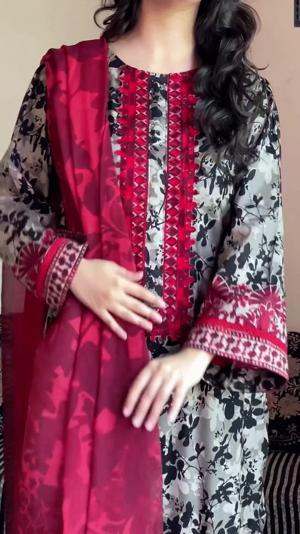 🌺 Black & Red Floral Printed Lawn Suit with Intricate Embroidery and Matching Dupatta - Image 3