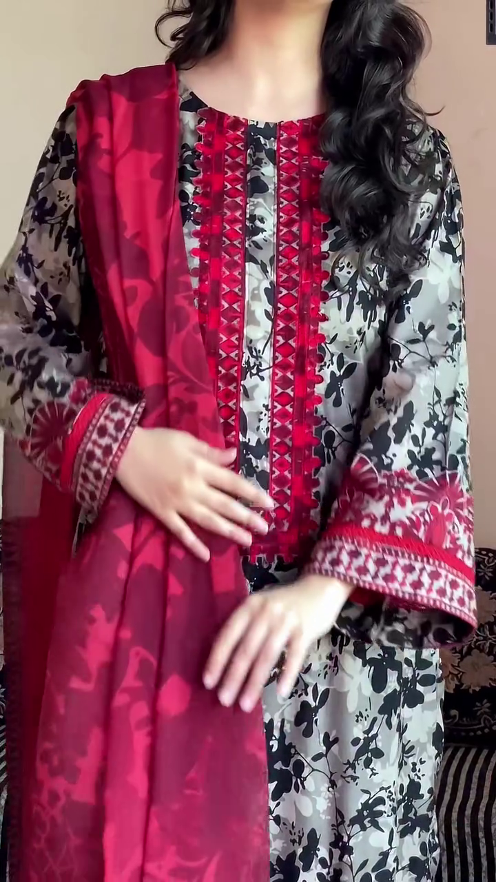 🌺 Black & Red Floral Printed Lawn Suit with Intricate Embroidery and Matching Dupatta - Image 3
