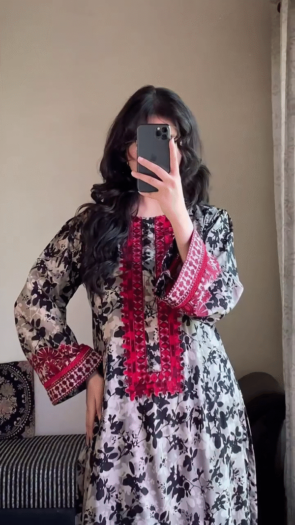 🌺 Black & Red Floral Printed Lawn Suit with Intricate Embroidery and Matching Dupatta - Image 4
