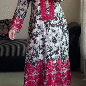 🌺 Black & Red Floral Printed Lawn Suit with Intricate Embroidery and Matching Dupatta