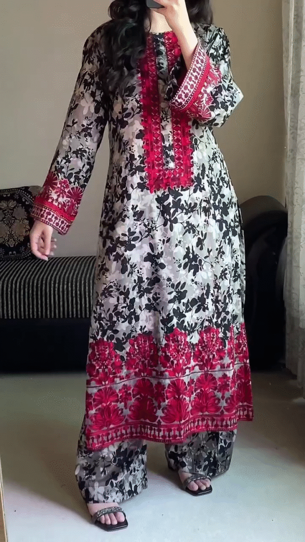 🌺 Black & Red Floral Printed Lawn Suit with Intricate Embroidery and Matching Dupatta