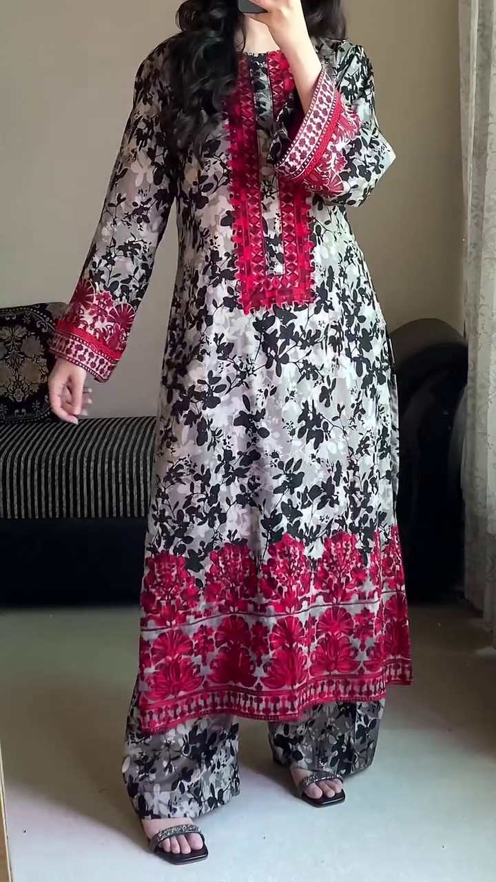 🌺 Black & Red Floral Printed Lawn Suit with Intricate Embroidery and Matching Dupatta