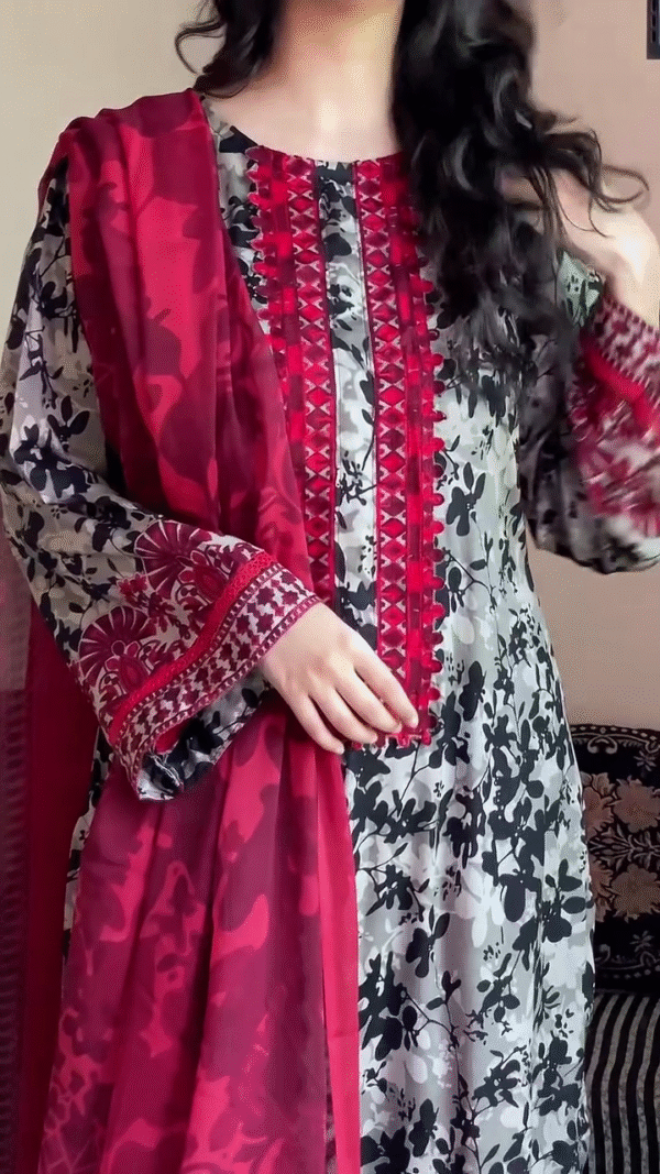 🌺 Black & Red Floral Printed Lawn Suit with Intricate Embroidery and Matching Dupatta - Image 2