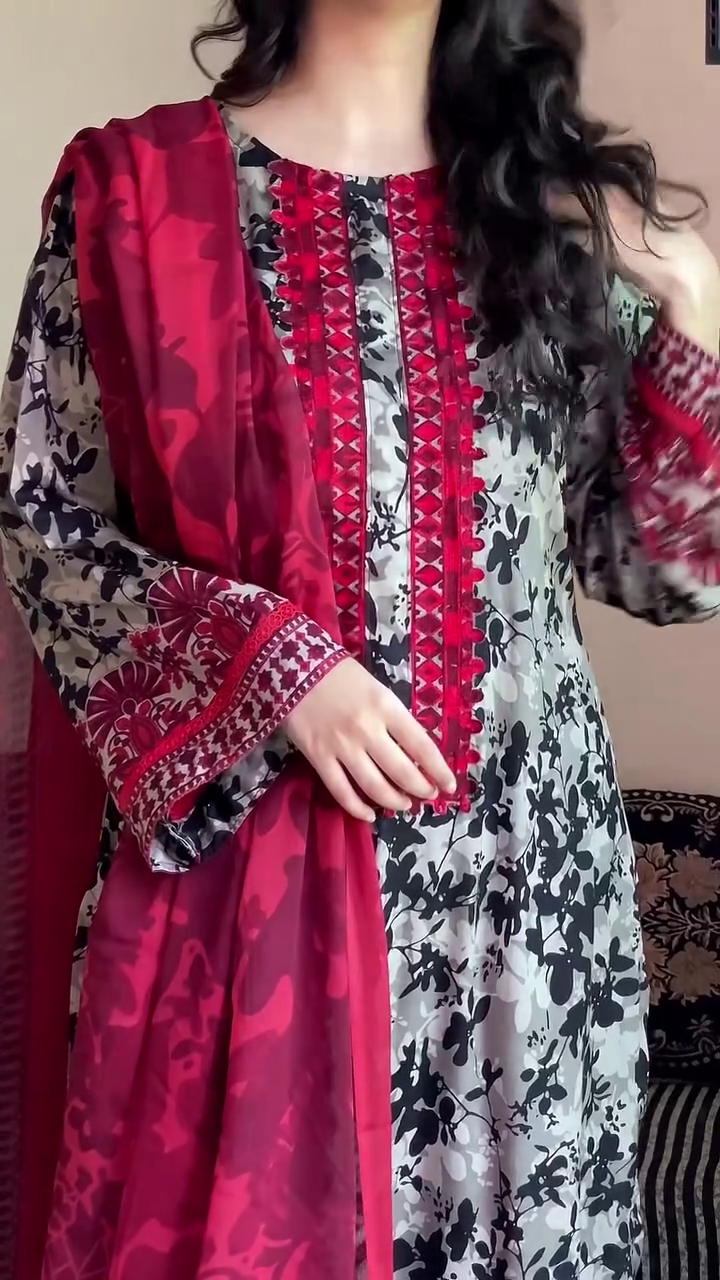 🌺 Black & Red Floral Printed Lawn Suit with Intricate Embroidery and Matching Dupatta - Image 2