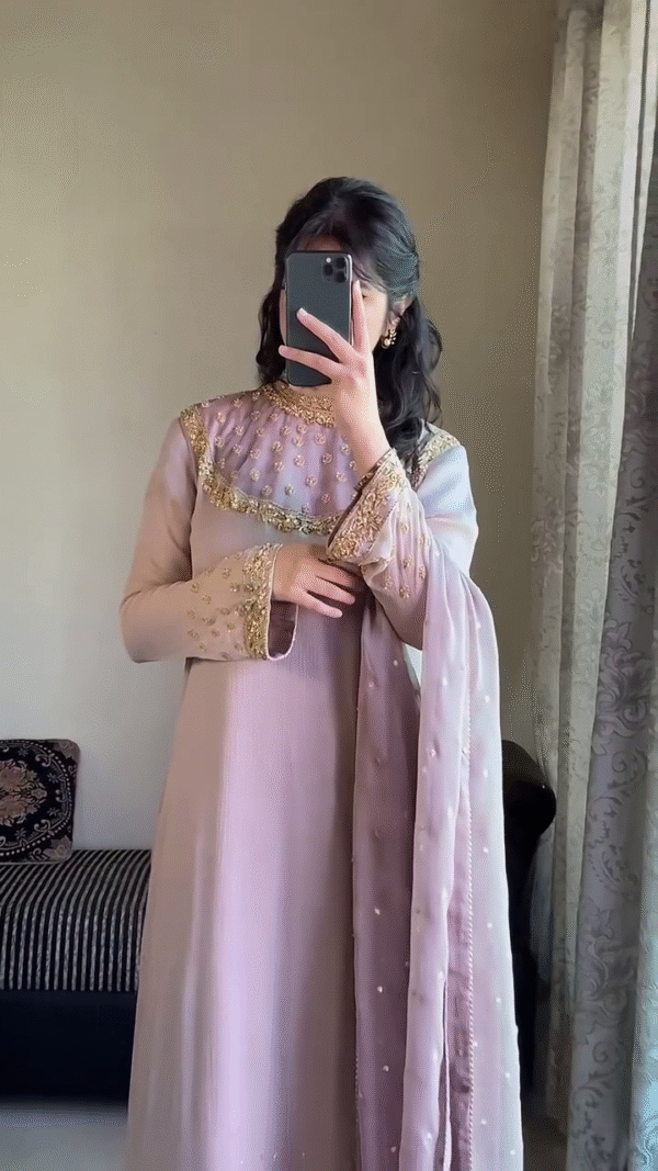 🌸 Pastel Pink Embroidered Chiffon Suit with Golden Borders and Flowing Dupatta - Image 4