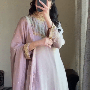 🌸 Pastel Pink Embroidered Chiffon Suit with Golden Borders and Flowing Dupatta