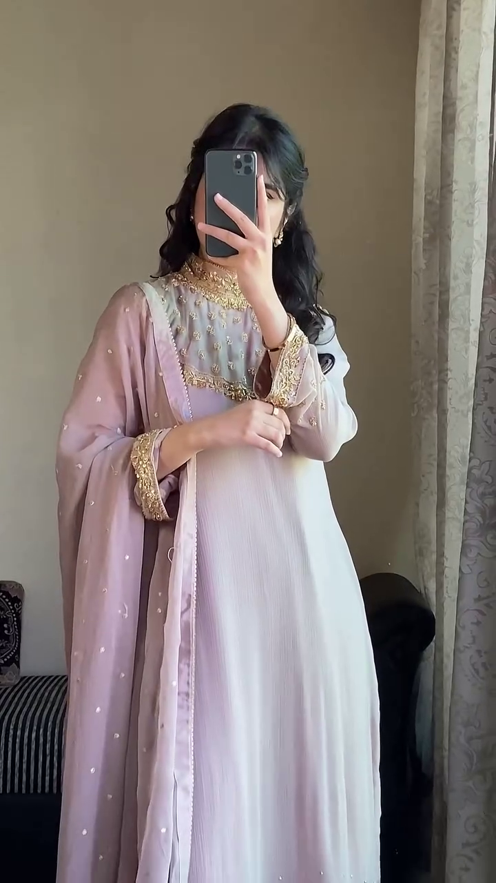 🌸 Pastel Pink Embroidered Chiffon Suit with Golden Borders and Flowing Dupatta