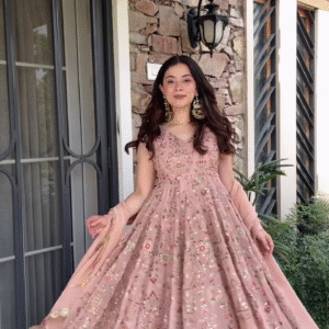 🌟 Peach-Pink Heavy Embellished Anarkali Gown with Dupatta & Intricate Handwork