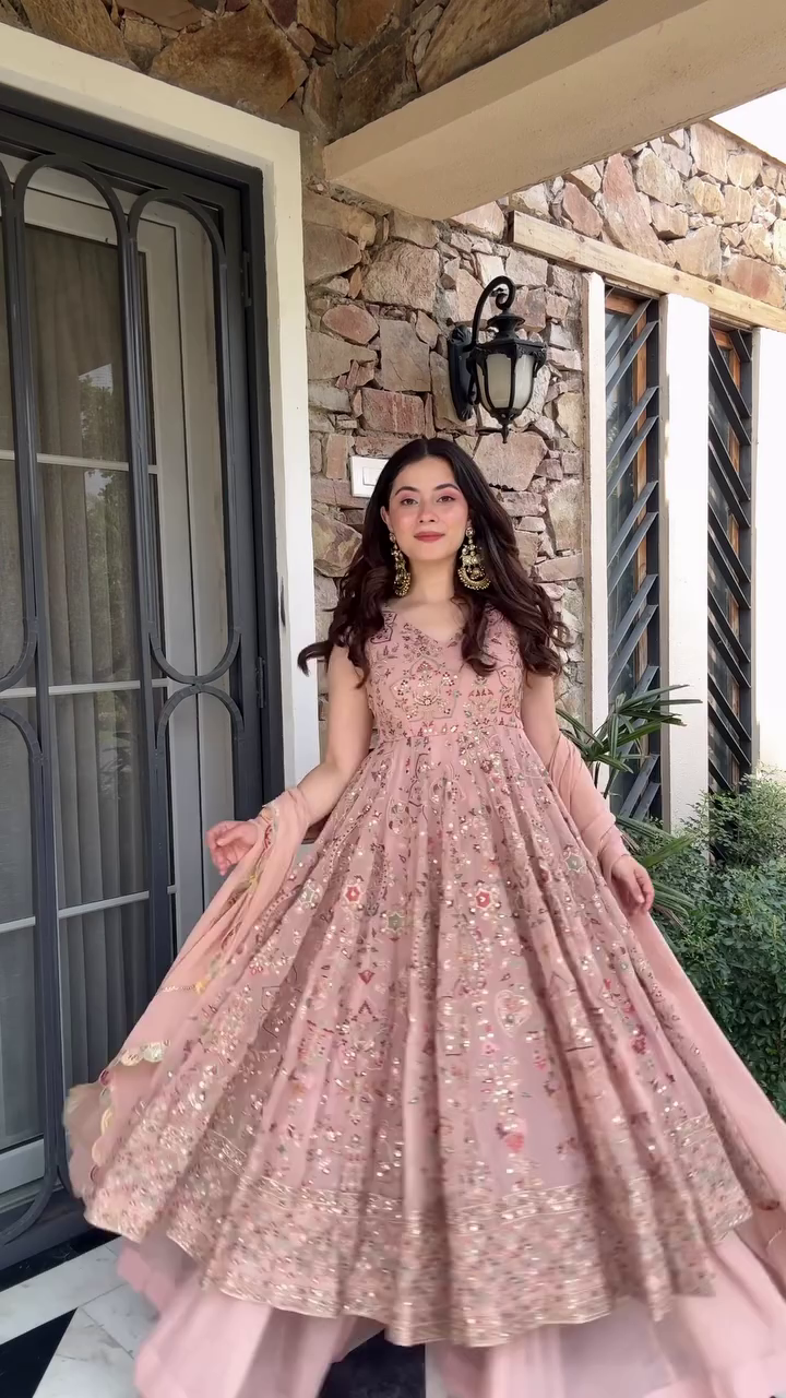 🌟 Peach-Pink Heavy Embellished Anarkali Gown with Dupatta & Intricate Handwork