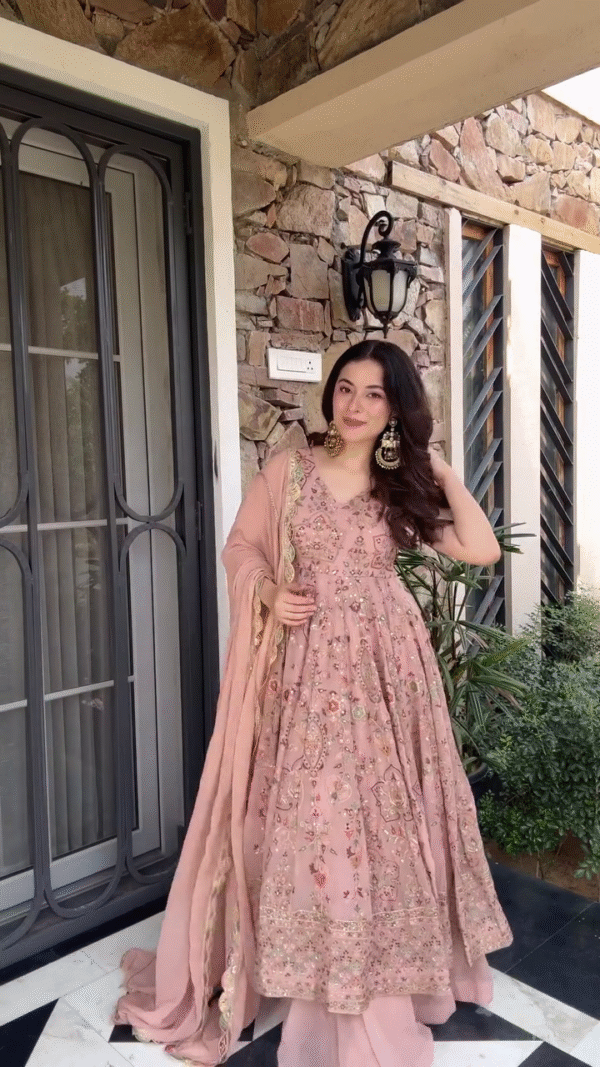 🌟 Peach-Pink Heavy Embellished Anarkali Gown with Dupatta & Intricate Handwork - Image 3