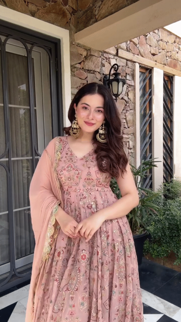 🌟 Peach-Pink Heavy Embellished Anarkali Gown with Dupatta & Intricate Handwork - Image 2