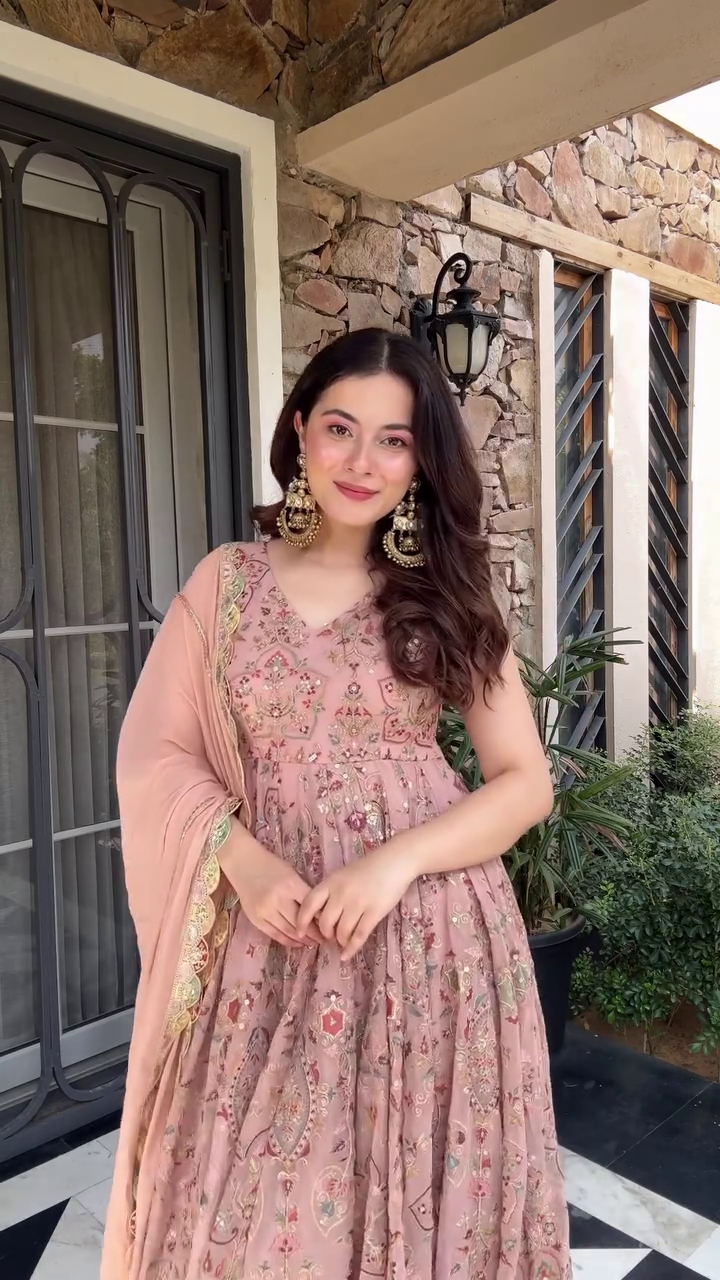 🌟 Peach-Pink Heavy Embellished Anarkali Gown with Dupatta & Intricate Handwork - Image 2