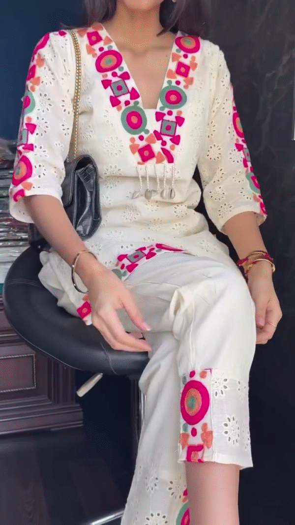 Ivory Boho-Chic Short Kurti Set 🌿🎨 | Multicolor Embroidery & Mirror Work - Image 3