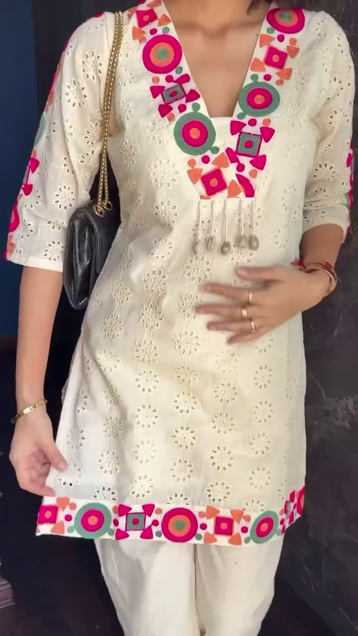 Ivory Boho-Chic Short Kurti Set πΏπ¨ | Multicolor Embroidery & Mirror Work - Image 2