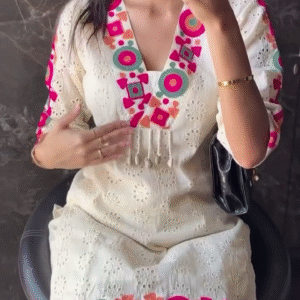 Ivory Boho-Chic Short Kurti Set 🌿🎨 | Multicolor Embroidery & Mirror Work