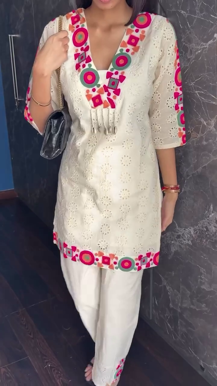 Ivory Boho-Chic Short Kurti Set πΏπ¨ | Multicolor Embroidery & Mirror Work - Image 4