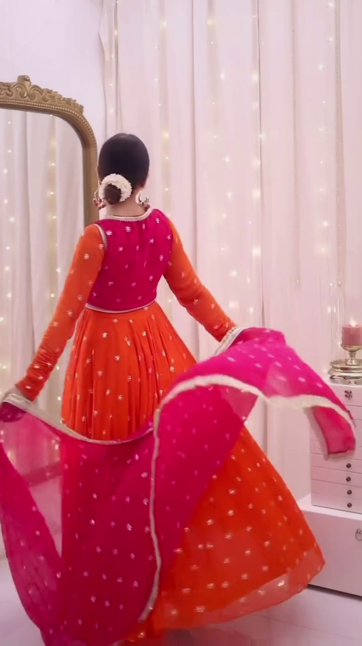 Vibrant Tangerine & Fuchsia Anarkali Set πΊπ | Dual-Tone Embellished Ethnic Gown - Image 3