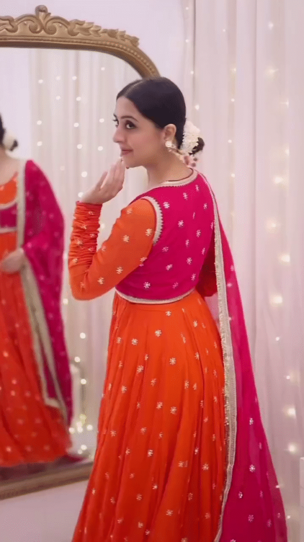 Vibrant Tangerine & Fuchsia Anarkali Set 🌺🎆 | Dual-Tone Embellished Ethnic Gown - Image 2