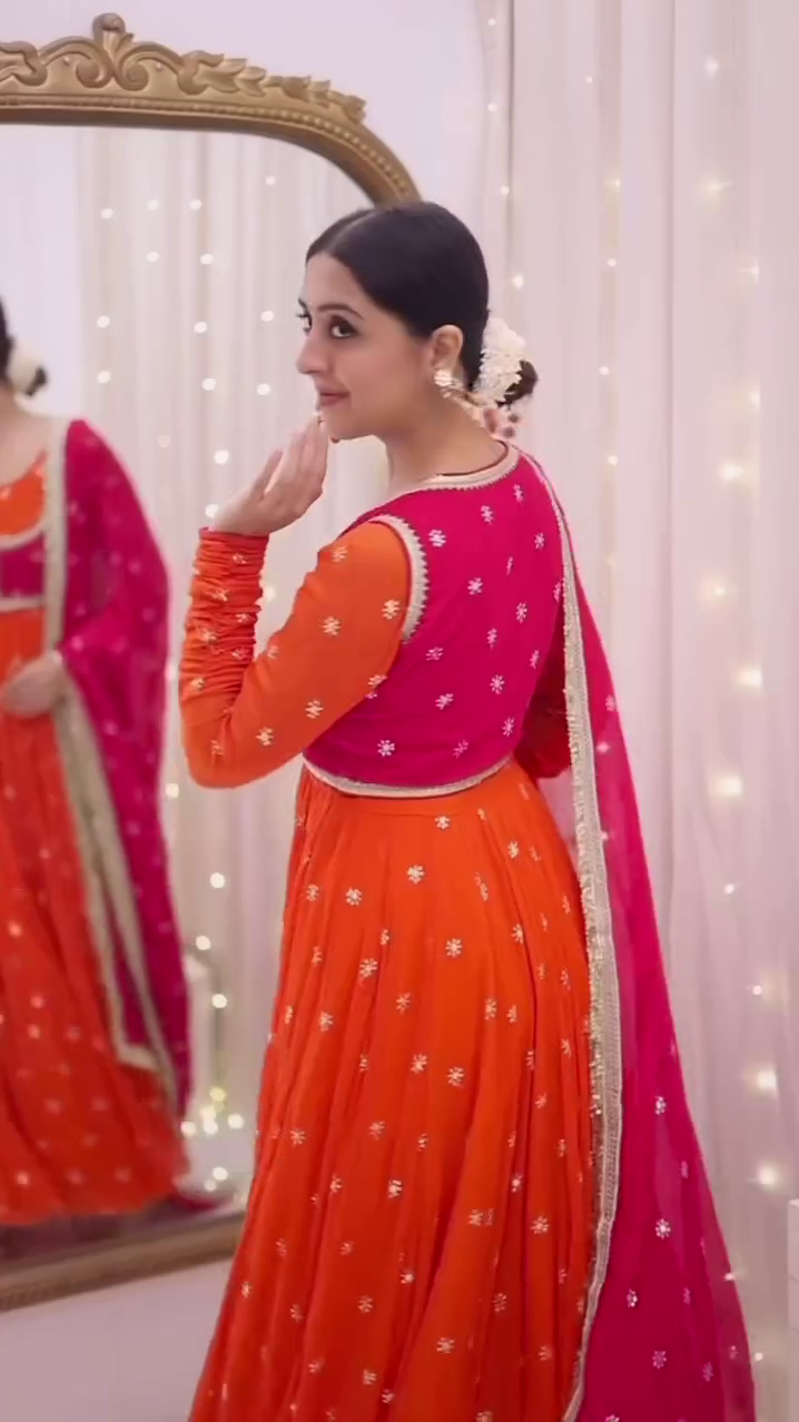 Vibrant Tangerine & Fuchsia Anarkali Set πΊπ | Dual-Tone Embellished Ethnic Gown - Image 2