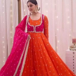 Vibrant Tangerine & Fuchsia Anarkali Set 🌺🎆 | Dual-Tone Embellished Ethnic Gown