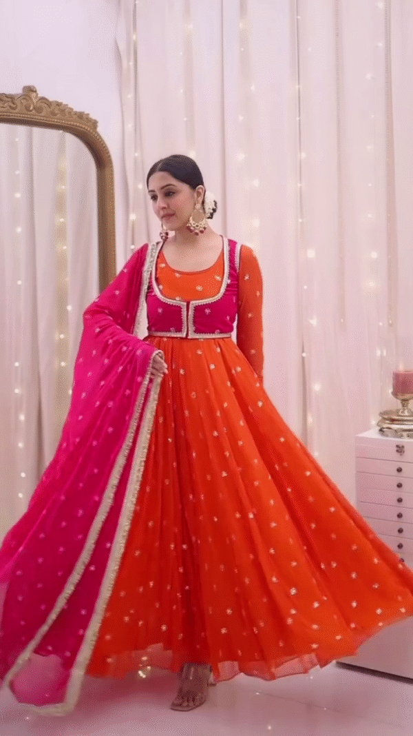 Vibrant Tangerine & Fuchsia Anarkali Set 🌺🎆 | Dual-Tone Embellished Ethnic Gown