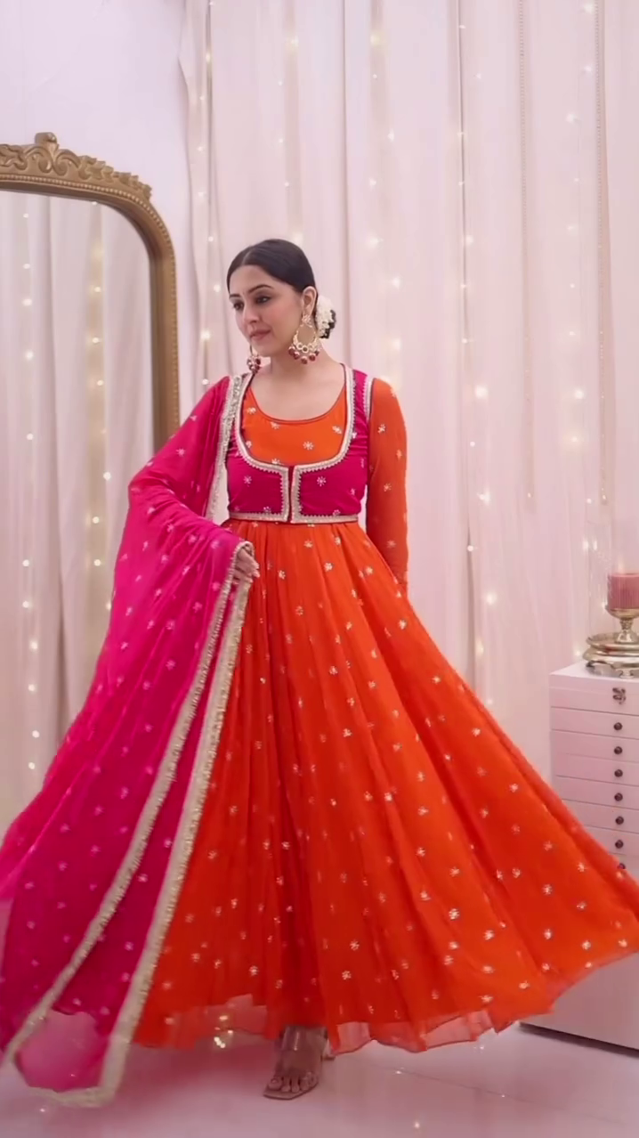 Vibrant Tangerine & Fuchsia Anarkali Set πΊπ | Dual-Tone Embellished Ethnic Gown