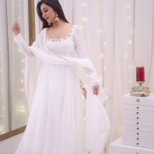 Elegant Ivory White Anarkali Gown Set 🤍✨ | Mirror-Work Neckline, Sheer Net Sleeves & Lightweight Dupatta | Wedding & Festive Collection