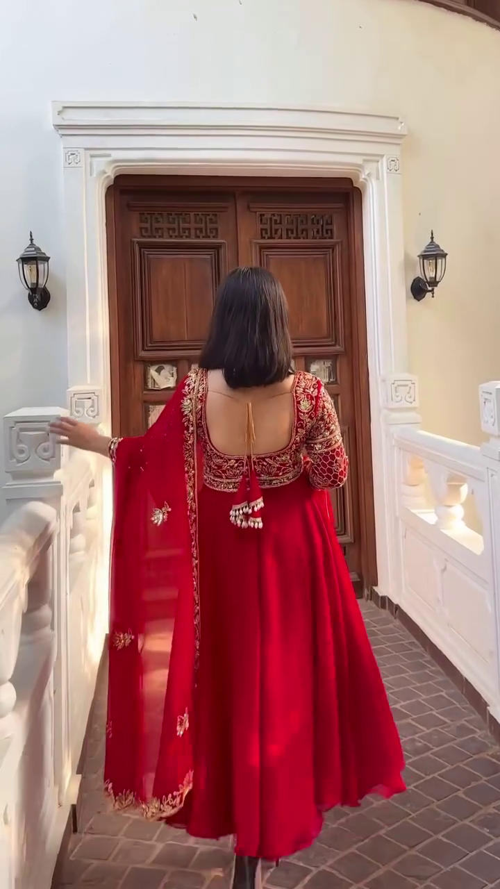 Royal Crimson Elegance – Heavy Embroidered Red Anarkali Gown with Net Dupatta & Golden Zari Detailing for Weddings & Festive Celebrations" - Image 3