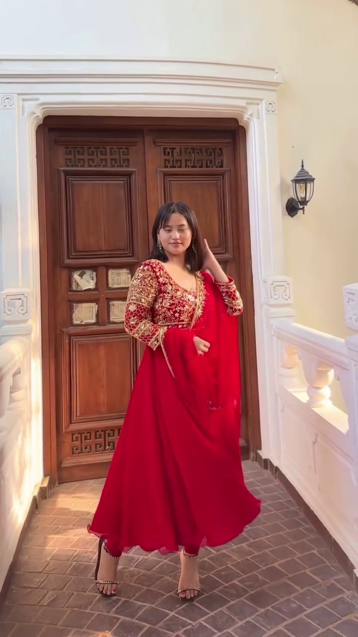 Royal Crimson Elegance – Heavy Embroidered Red Anarkali Gown with Net Dupatta & Golden Zari Detailing for Weddings & Festive Celebrations" - Image 2