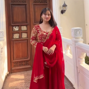 Royal Crimson Elegance – Heavy Embroidered Red Anarkali Gown with Net Dupatta & Golden Zari Detailing for Weddings & Festive Celebrations"