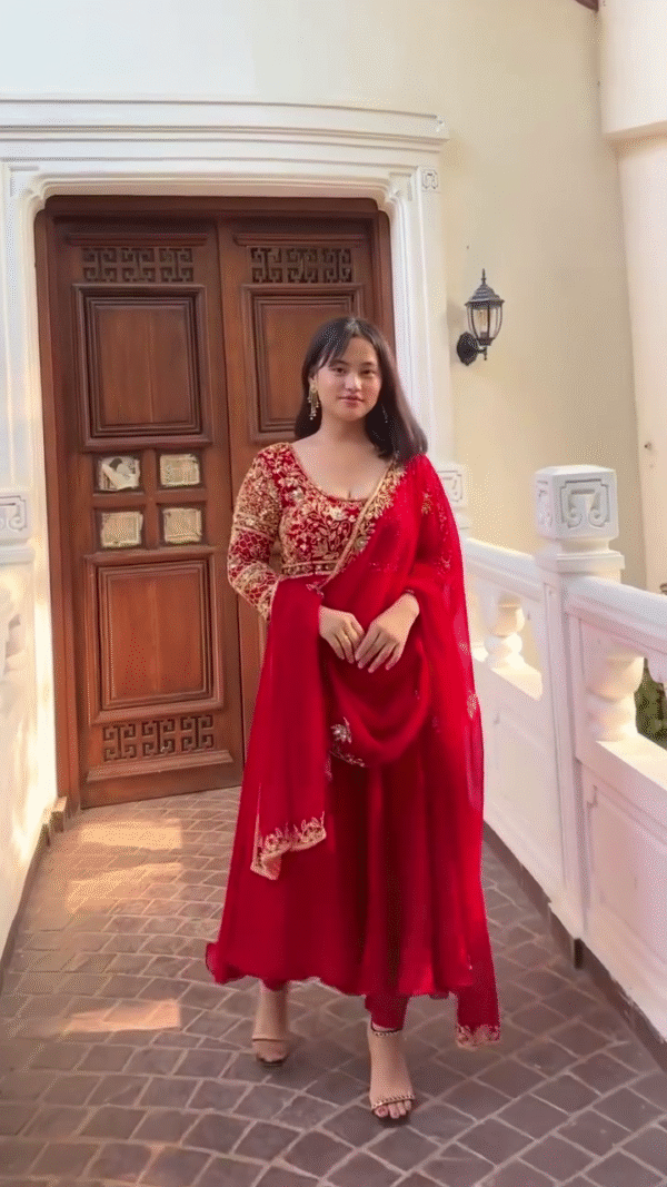 Royal Crimson Elegance – Heavy Embroidered Red Anarkali Gown with Net Dupatta & Golden Zari Detailing for Weddings & Festive Celebrations"