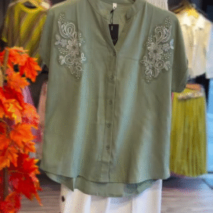 "Everyday Chic – Pastel Green Embroidered Button-Down Shirt with White Cotton Skirt Co-ord Set for Casual & Semi-Formal Outings"