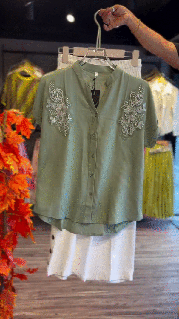 "Everyday Chic – Pastel Green Embroidered Button-Down Shirt with White Cotton Skirt Co-ord Set for Casual & Semi-Formal Outings"