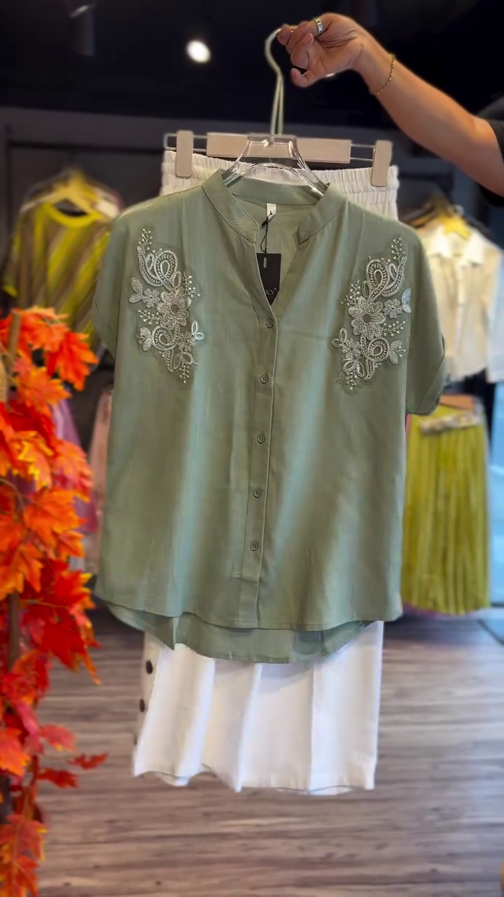"Everyday Chic – Pastel Green Embroidered Button-Down Shirt with White Cotton Skirt Co-ord Set for Casual & Semi-Formal Outings"