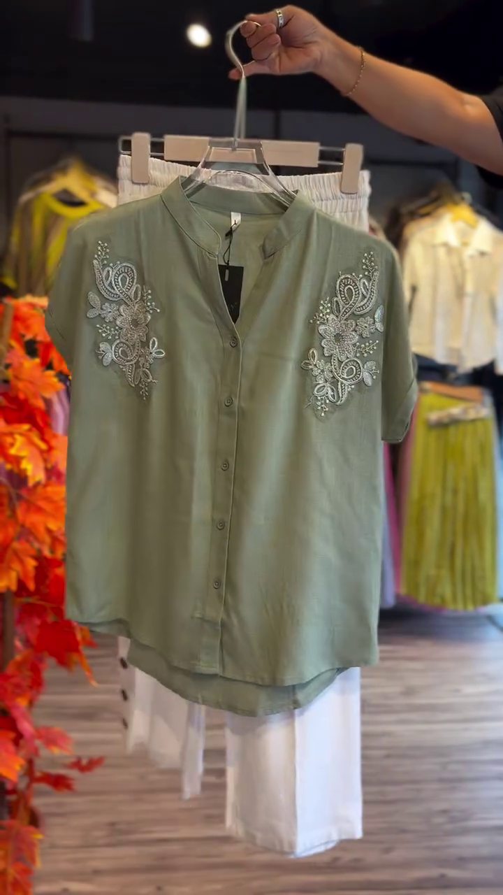 "Everyday Chic – Pastel Green Embroidered Button-Down Shirt with White Cotton Skirt Co-ord Set for Casual & Semi-Formal Outings" - Image 2