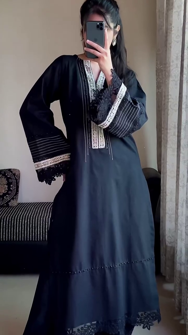 "Midnight Majesty – Black Embroidered Kurti with Lace-Detail Dupatta & Palazzo for Festive, Formal & Ethnic Wear" - Image 4