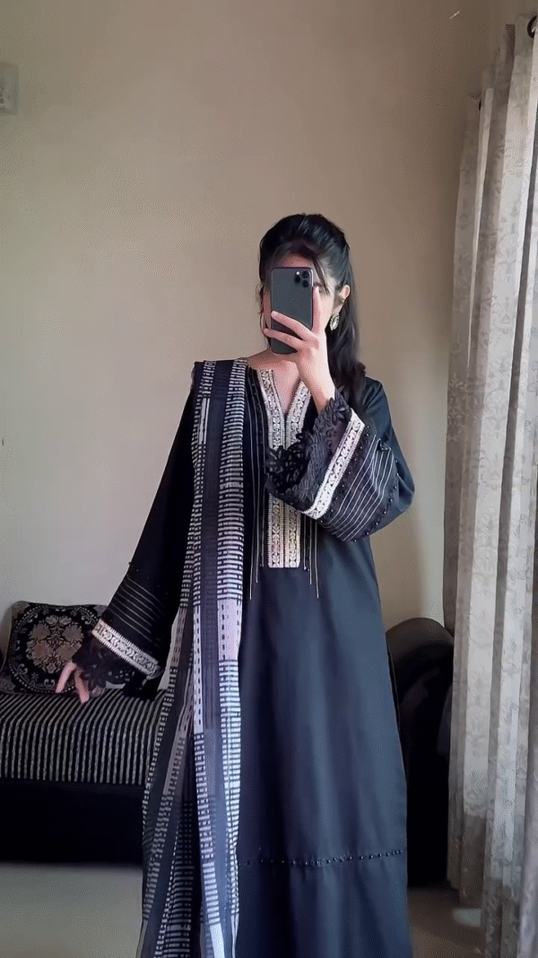 "Midnight Majesty – Black Embroidered Kurti with Lace-Detail Dupatta & Palazzo for Festive, Formal & Ethnic Wear" - Image 3