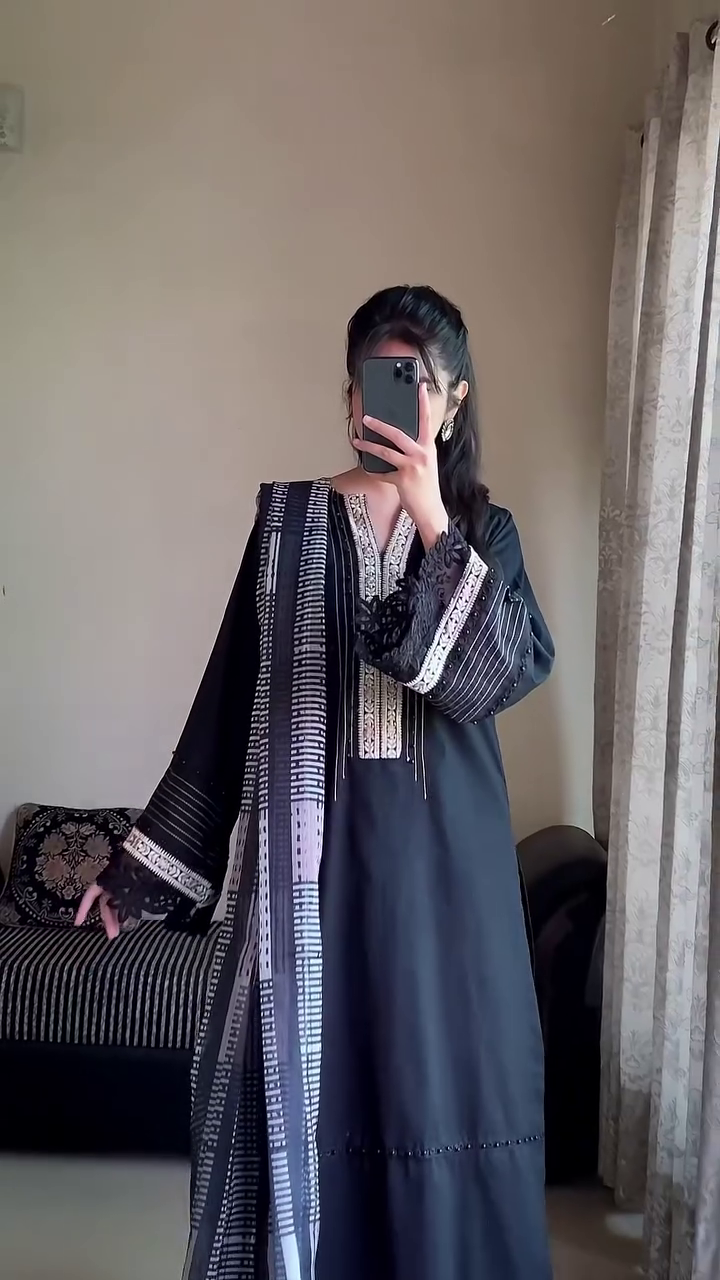 "Midnight Majesty – Black Embroidered Kurti with Lace-Detail Dupatta & Palazzo for Festive, Formal & Ethnic Wear" - Image 3