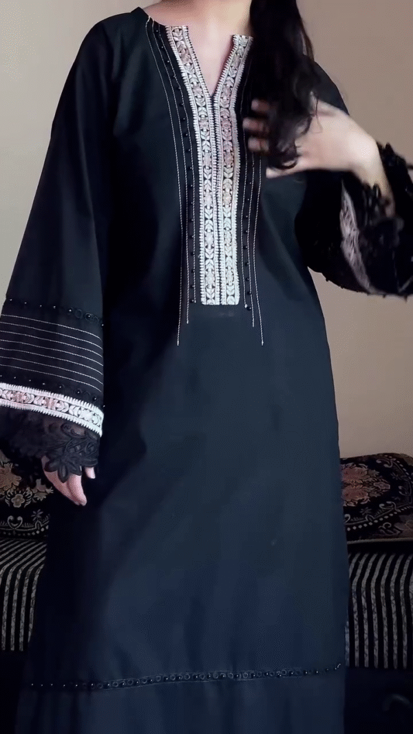 "Midnight Majesty – Black Embroidered Kurti with Lace-Detail Dupatta & Palazzo for Festive, Formal & Ethnic Wear" - Image 2