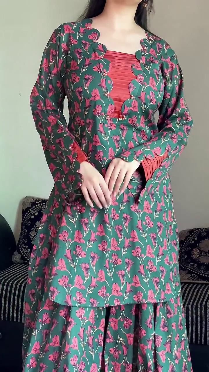 . Blooming Coral Green Floral Sharara Set 🌿🌸 | Printed Anarkali Kurta, Flowy Sharara & Peach Chiffon Dupatta | Indo-Western Party Wear - Image 5