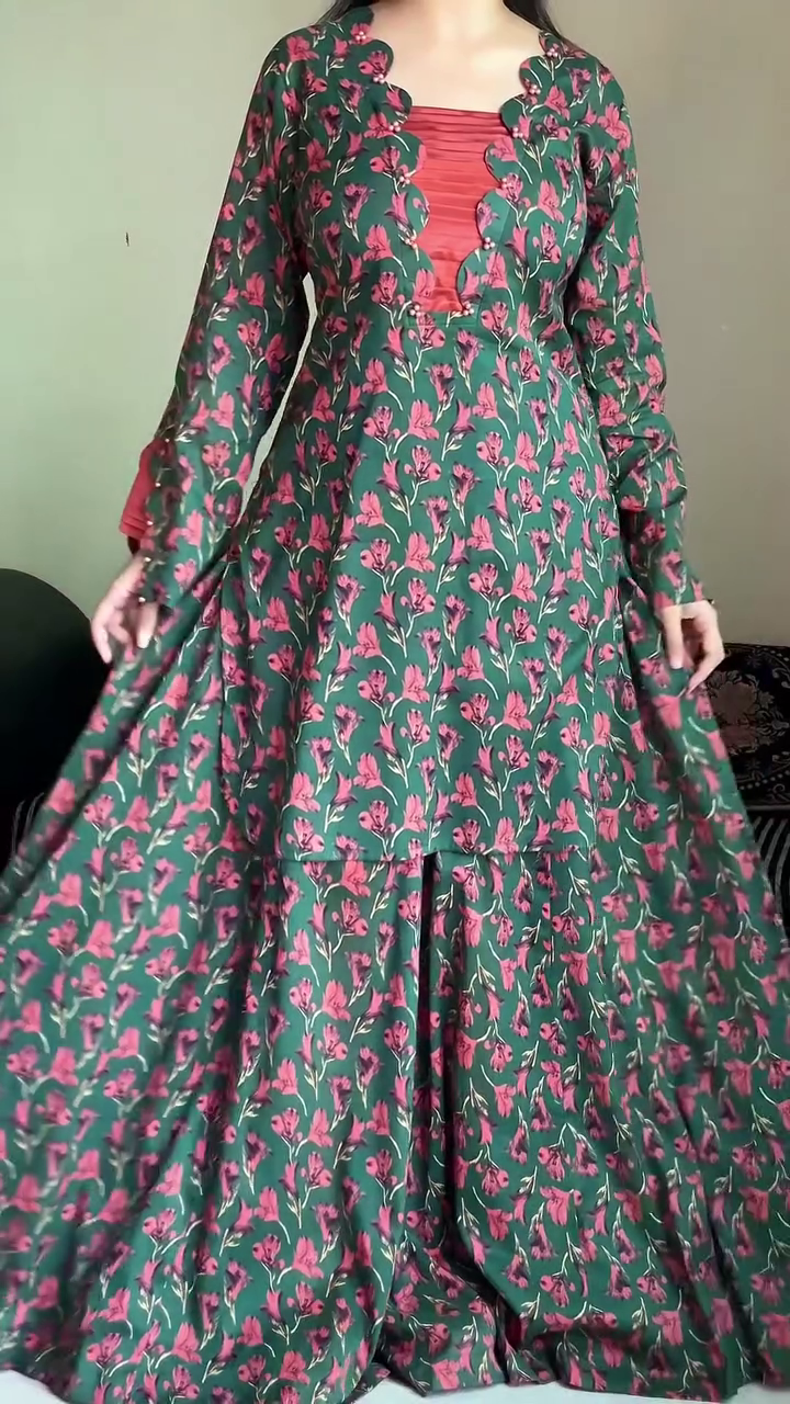 . Blooming Coral Green Floral Sharara Set 🌿🌸 | Printed Anarkali Kurta, Flowy Sharara & Peach Chiffon Dupatta | Indo-Western Party Wear - Image 7