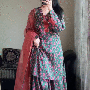. Blooming Coral Green Floral Sharara Set 🌿🌸 | Printed Anarkali Kurta, Flowy Sharara & Peach Chiffon Dupatta | Indo-Western Party Wear