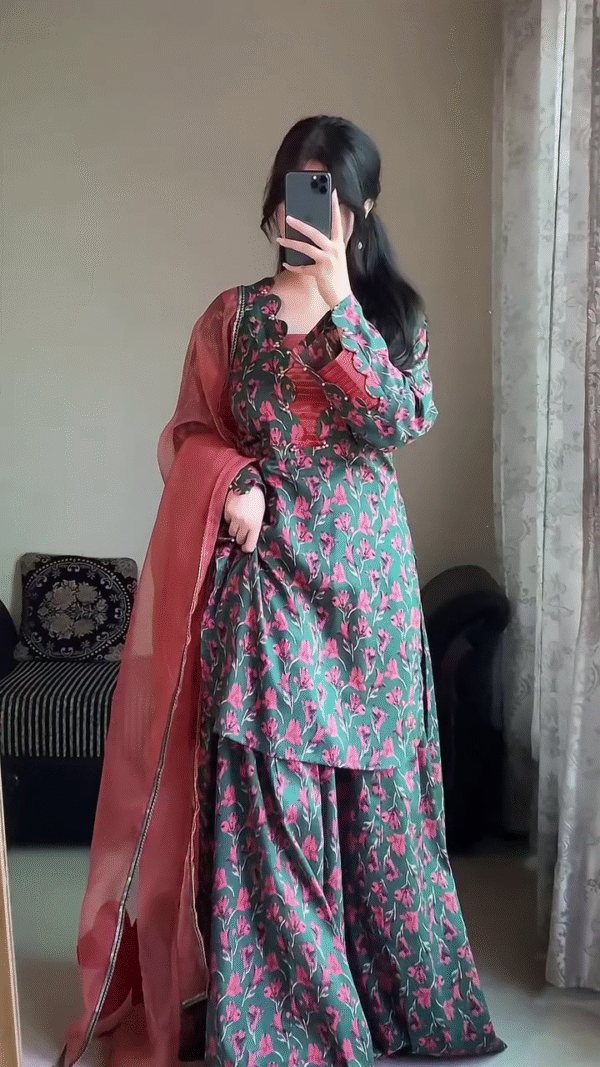 . Blooming Coral Green Floral Sharara Set 🌿🌸 | Printed Anarkali Kurta, Flowy Sharara & Peach Chiffon Dupatta | Indo-Western Party Wear