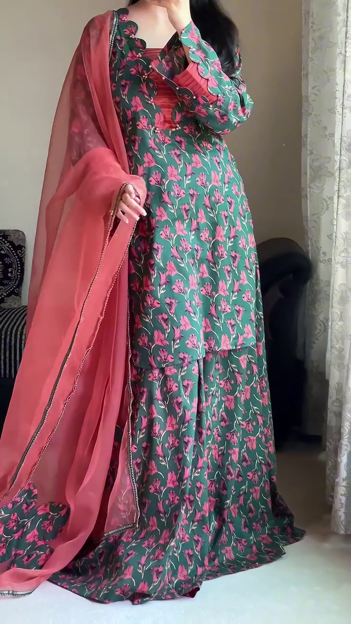 . Blooming Coral Green Floral Sharara Set 🌿🌸 | Printed Anarkali Kurta, Flowy Sharara & Peach Chiffon Dupatta | Indo-Western Party Wear - Image 6