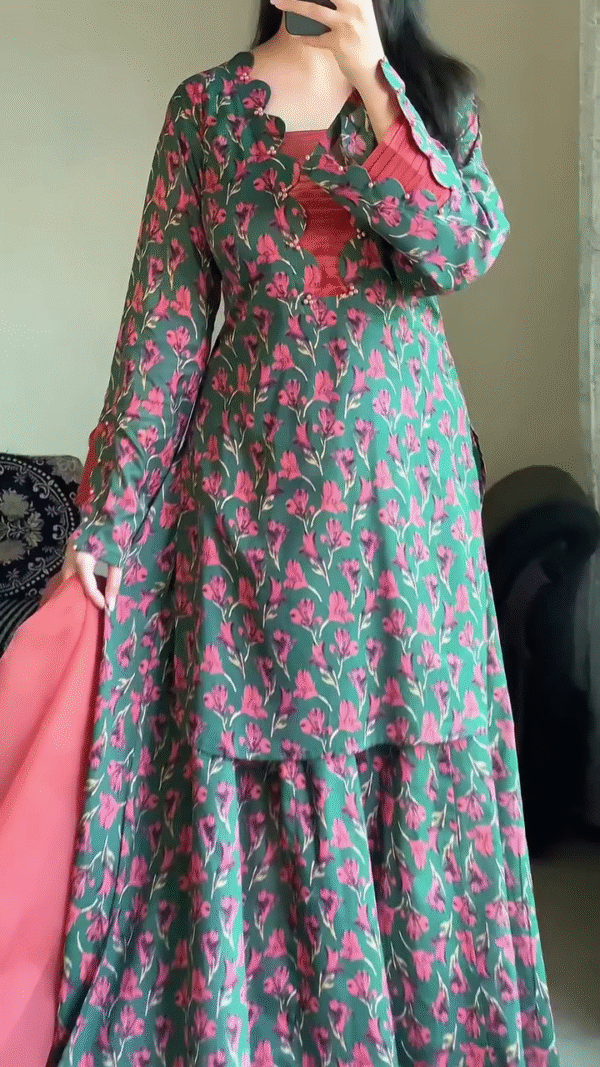 . Blooming Coral Green Floral Sharara Set 🌿🌸 | Printed Anarkali Kurta, Flowy Sharara & Peach Chiffon Dupatta | Indo-Western Party Wear - Image 3