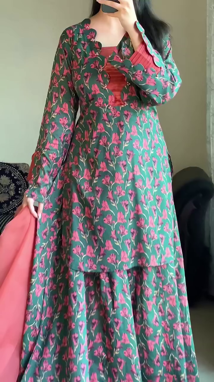 . Blooming Coral Green Floral Sharara Set 🌿🌸 | Printed Anarkali Kurta, Flowy Sharara & Peach Chiffon Dupatta | Indo-Western Party Wear - Image 3